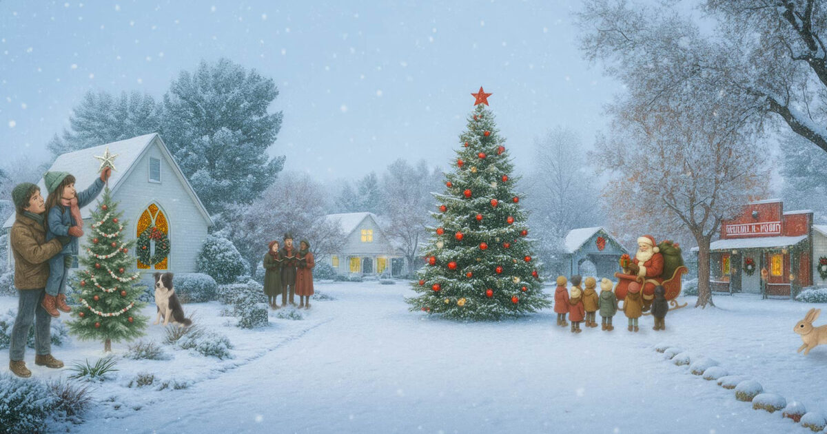 A snowy village scene with decorated Christmas trees, families gathering, Santa Claus with children, and snow-covered houses and trees, all under falling snowflakes.