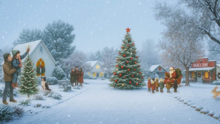 A snowy village scene with decorated Christmas trees, families gathering, Santa Claus with children, and snow-covered houses and trees, all under falling snowflakes.